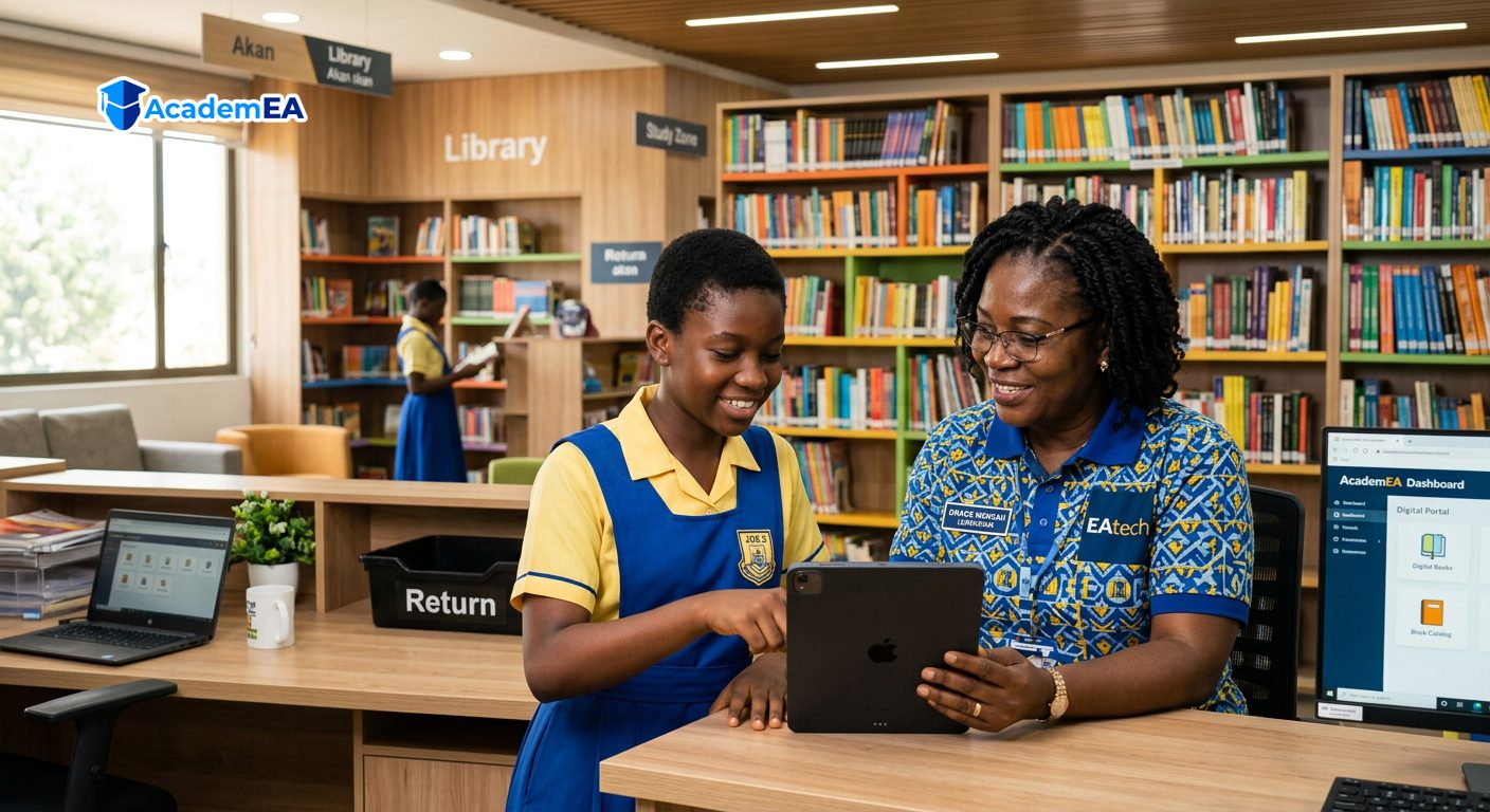 A student and a school librarian looking at a tablet in a school library with a return counter