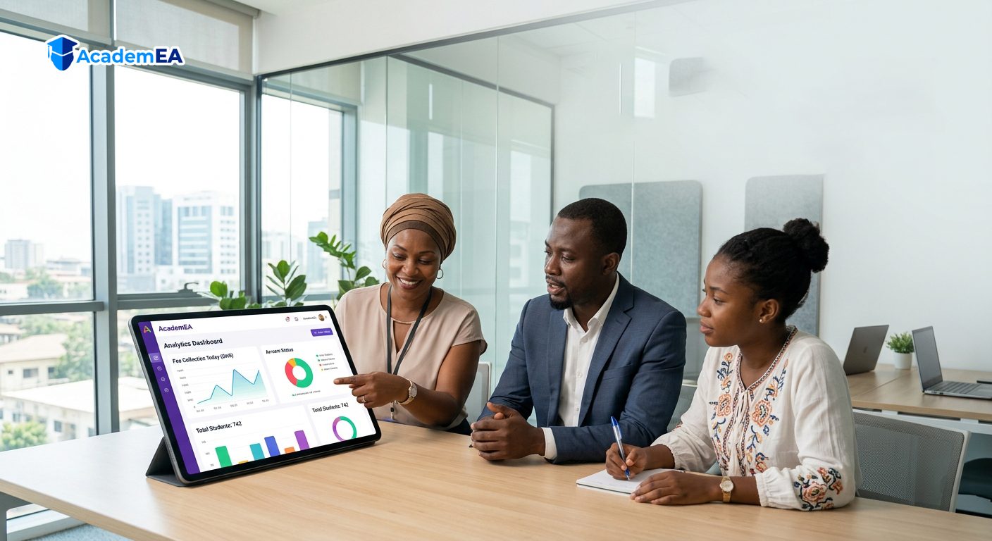 Three school staff reviewing the AcademEA analytics dashboard on a tablet in a meeting room